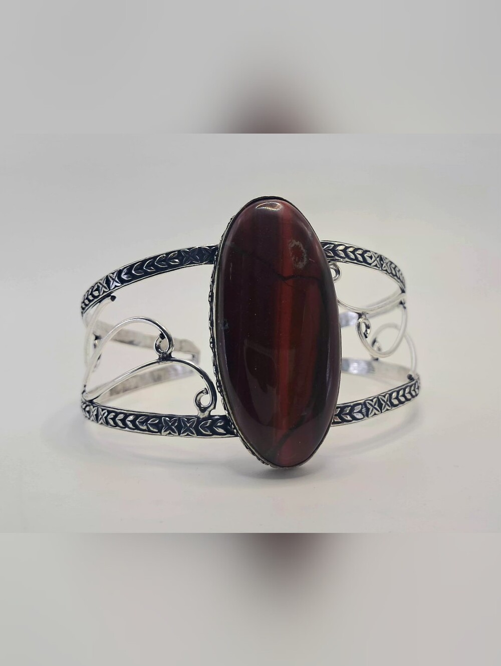 Vintage 925 Sterling Silver Red Tiger's Eye Oval Statement Cuff Bracelet - Picture 3 of 11